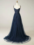 Ndyad Elegant Sweetheart Neck Tulle Lace Dark Blue Long Prom Dress, Dark Blue Long Evening Dress HZ1024