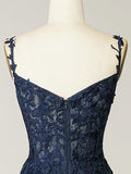 Ndyad Elegant Sweetheart Neck Tulle Lace Dark Blue Long Prom Dress, Dark Blue Long Evening Dress HZ1024