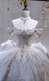 Ndyad Off-the-shoulder Ball Gown White Wedding Dress Satin Beaded Bridal Dress Elegant Bridal Gown HZ1024