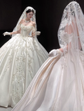 Ndyad Off-the-shoulder Ball Gown White Wedding Dress Satin Beaded Bridal Dress Elegant Bridal Gown HZ1024