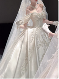 Ndyad Off-the-shoulder Ball Gown White Wedding Dress Satin Beaded Bridal Dress Elegant Bridal Gown HZ1024