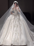 Ndyad Off-the-shoulder Ball Gown White Wedding Dress Satin Beaded Bridal Dress Elegant Bridal Gown HZ1024