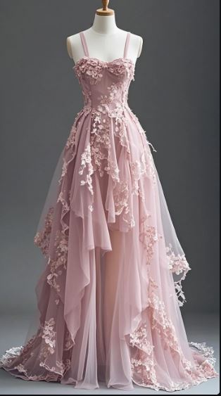 Ndyad Fairytale A-line Hi-Lo Prom Dress for Masquerade ?Tulle&Lace Applique Spaghetti Strap Evening Dress HZ1024