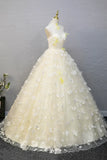 Ndyad Halter Neckline Tulle Floor Length Prom Dress, off-white A-Line Evening Formal Dress HZ1024